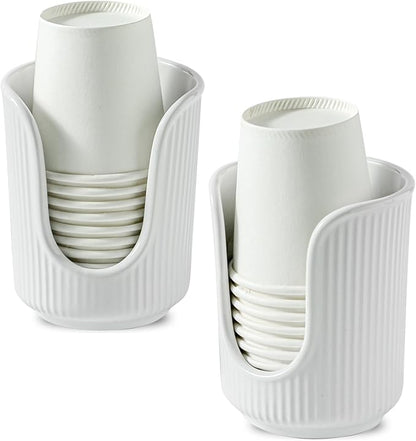 Ceramic Bathroom Cup Dispenser with Stylish Vertical Stripes - Disposable Mouthwash Cup Holder Holds 3-4oz Paper Cups for Rinsing Cups on Bathroom Vanity Countertops (White-White-2 Pack)
