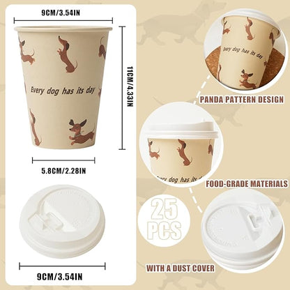 12 oz 25 Pack Disposable Paper Coffee Cups with Lids, Disposable Paper Cups for Cold/Hot Drinks, Leak-Proof To Go Drinking Cups for Office Party Home Picnic & Travel (Doggy Style)