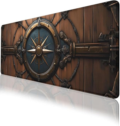 Nautical Compass Desk Pad Mouse Pad Vintage Wood Metal Large Gaming Mouse Mat with Stitched Edges,Non-Slip Waterproof Rubber Base Mous Mat 31.5"x11.8"