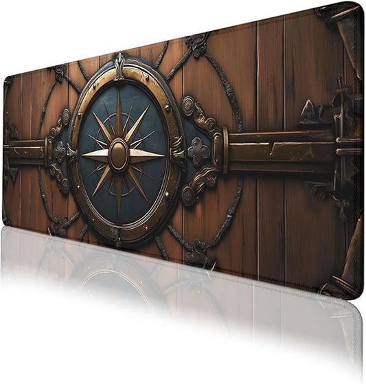 Nautical Compass Desk Pad Mouse Pad Vintage Wood Metal Large Gaming Mouse Mat with Stitched Edges,Non-Slip Waterproof Rubber Base Mous Mat 31.5"x11.8"