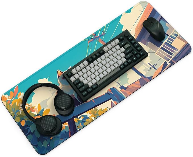 Anime Cute Cat with Sky Backgound Gaming Mouse Pad with Non-Slip Rubber Base, Large Kawaii Mousepad with Stitched Edges, Long Keyboard Mat for Laptop and Mouse, 31.5 x 11.8 inches