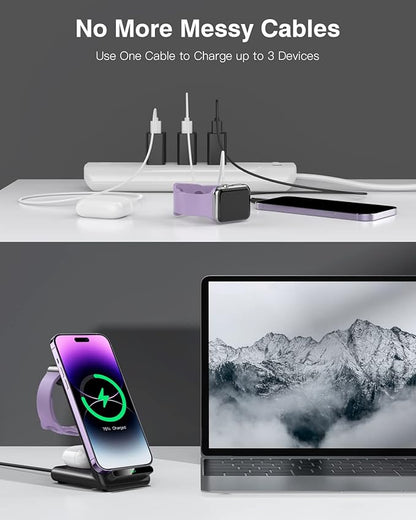 Wireless Charging Station,3 in 1 Charging Stand Made for Apple Watch Ultra 11 10 9 8 7 6 SE 5 4 3,Fast Wireless Charger Made for iPhone 17/Air/16/15/14/13/12,for AirPods Pro(with Adapter) (Black)