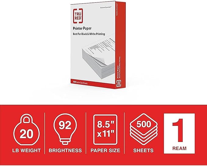 Staples TRU RED Printer Paper, 8.5" x 11", Designed for High-Speed Printers, 92-Brightness, White Color (500 Sheets/Ream)