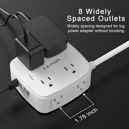 10 Ft Surge Protector Power Strip - YISHU 8 Widely Outlets with 4 USB Ports, 3 Side Outlet Extender with 10 Feet Flat Extension Cord, Ultra Flat Plug, Wall Mount, Desk USB Charging Station, ETL, White