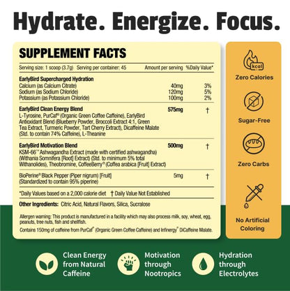 EarlyBird Energy Drink Powder - Morning Cocktail White Chocolate Mocha - Zero Sugar Electrolytes with Amino Acids - Electrolytes Powder & Caffeine Drink Mix for Morning Energy, Focus & Hydration - 45 Servings