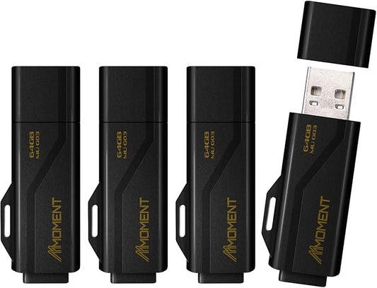 Moment 64GB (4-Pack) MU G03USB Flash Drive 4-Pack – USB 3.2 Memory Stick with Protective Cap and Keychain Loop, Up to 100MB/s Read, 30MB/s Write – Plug & Play USB Drive for PC, Mac, TV, Car