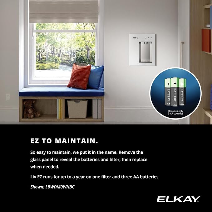 Elkay Liv EZ Built-in Filtered Wall-Mount Water Dispenser – Battery Powered, NSF Certified, Push Button, Reduces Lead & PFAS, Aspen White – Ideal for Home