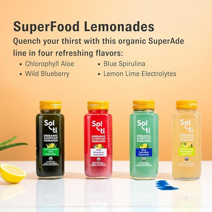 Organic SuperAde Hydration Drink, Digestive and Skin Health, SuperFood Lemonade by Sol-ti, Cold-Pressed Chlorophyll, Aloe and Lemon Juice Blend, 16 Pack (14.9 Fl oz)