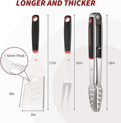 BBQ Tools Set, 4 PCS Heavy Duty Stainless Steel Spatula, Fork, Tongs with Portable Bag, Essential Accessories for Barbecue Outdoor Grill, Grilling Gifts for Men Dad Camp Chef