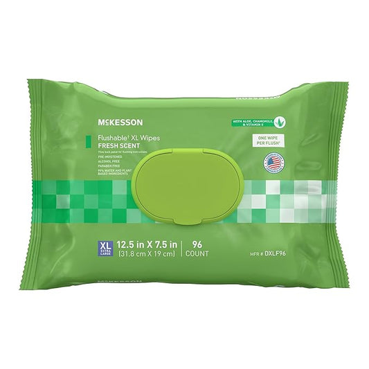 McKesson Flushable* Adult Wet Wipes XL – 96 Wipes (1 Pack of 96) – Aloe & Vitamin E, Plant-Based Cleansing Wipes, Scented, Extra Large