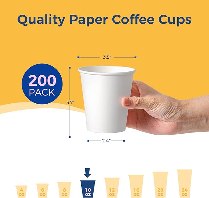 Fit Meal Prep 200 Pack 10 oz Disposable Paper Coffee Cups, Premium White Hot Cups for Hot/Cold Beverage, Durable Thickened Paper Cup Bulk for Party, Office, Bussines, Home, Bistros, Daily Use