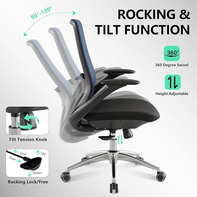 Ergonomic Office Chair, High Back Mesh Desk Chair with Lumbar Support, 360° Swivel & Slide-Adjustable Arms, Tilt Lock and Recline, Breathable Task Chair for Home Office & Gaming (Blue)