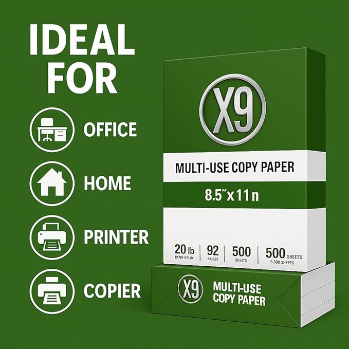 8.5 x 11 Copy Paper, 10 Reams (5000 Sheets), 20 lb White Printer & Copier Paper, 92 Brightness Multi-Use Letter Size - X-9 Series - Paper for Home, Office & School Printing