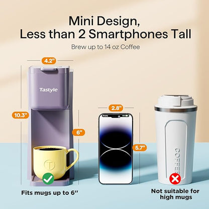 Mini Hot and Iced Coffee Maker Single Serve, for K Cup and Ground, 6 to 14 Oz Brew Sizes, with Recipe Book, for Home, Travel, RV, Office and Dorm, Violet