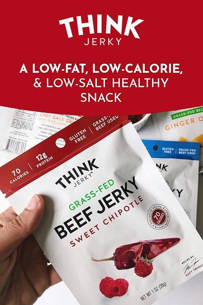 Think Jerky Sweet Chipotle Beef Jerky, Grass-Fed High Protein Beef Jerky, Gluten Free, No Antibiotics or Nitrates, Healthy Chef Crafted Recipe, Low Calorie and Low Fat - 2.2 oz Bags, 4 Pack
