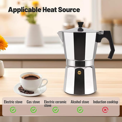 6 Cup Aluminum Moka Pot Classic Stovetop Espresso Coffee Maker 300ml 10oz Coffee maker Percolator Mocha Pot Greca Coffee Maker Cafe Makers for Italian and Cuban Café Brewing Silver