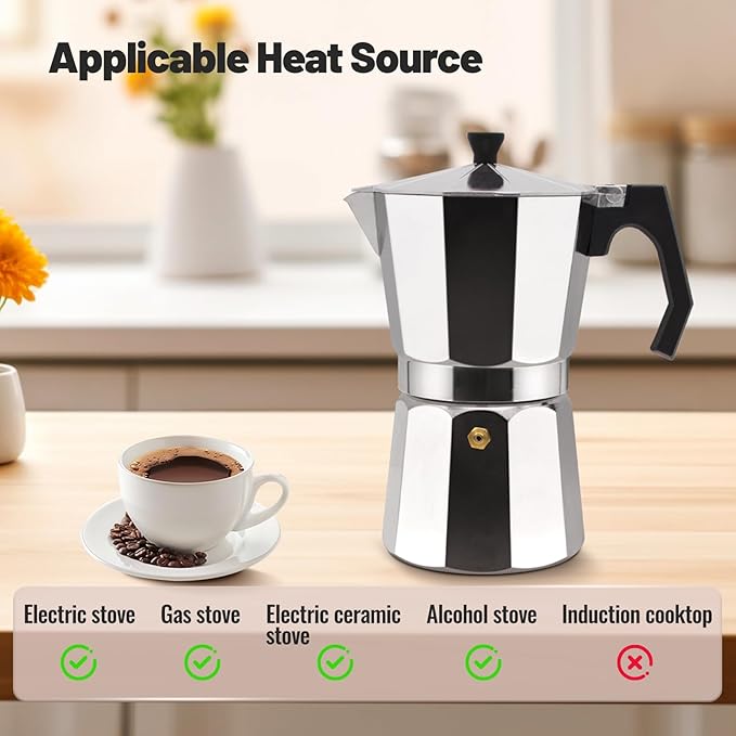 3 Cup Aluminum Moka Pot Classic Stovetop Espresso Coffee Maker 150ml 5oz Coffeemaker Percolator Mocha Pot Greca Coffee Maker Cafe Makers for Italian and Cuban Café Brewing Silver