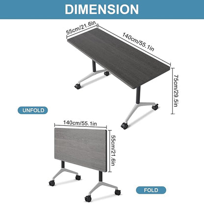 Folding Conference Table, Conference Room Tables Foldable Large Meeting Seminar Table on Wheels,Flip Top Boardroom Training Tables for Office, Classroom,Meeting (12, Grey, 55.1in)