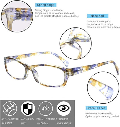 Henotin 5-Pack Reading Glasses Blue Light Blocking Anti Eyestrain Computer Reading Glasses for Women and Men Readers (Mix Color, 0.00, Diopters)