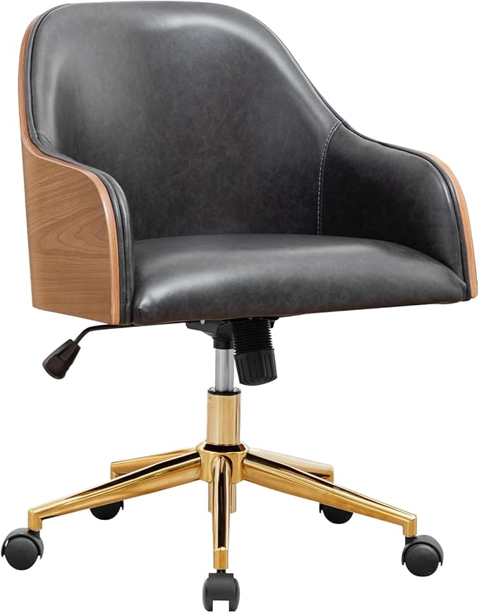 Genuine Leather Office Desk Chair, Adjustable Height Small Modern Comfortable Walnut Vanity Chair, Gold Legs Mid Back 360 Swivel for Home Office, Bedroom, Study, Meeting Room(Vintage Black)