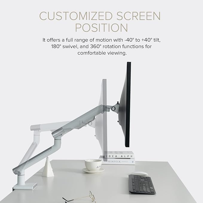 POUT E12 Dual Monitor Arm Mount Stand – Adjustable Full Motion Desk Mount for 17’’-32’’ Screens, Supports 4-22lbs per Arm, VESA 75x75mm & 100x100mm (White/Silver)