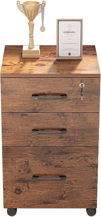 File Cabinet 3 Drawers with 1 Lock Wooden Rolling Mobile Filing Cabinet with Wheels for Home Office Under Desk File Cabinet Office Storage Cabinet, Brown