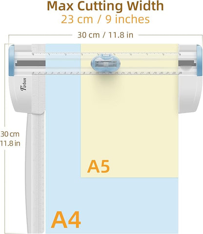 Firbon 3-in-1 Paper Cutter, 9" Compact A5 Paper Trimmer with Straight Cut, Scoring & Perforating Blades for Cardstock, Scrapbooking, Crafting, Labels & Home Office (Blue)