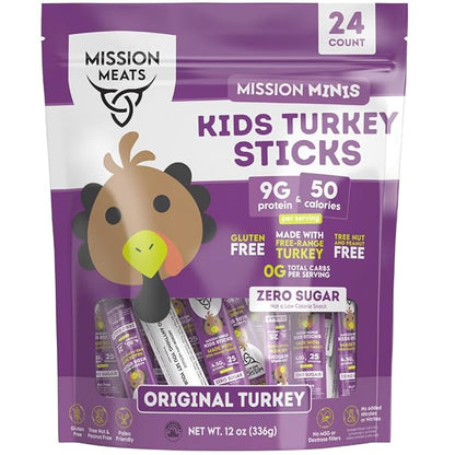 Mission Meats Kids Turkey Sticks – 100% Free Range, Healthy Snacks for Kids, Gluten & Nut Free, 0.5oz, 24 Count (Pack of 1)