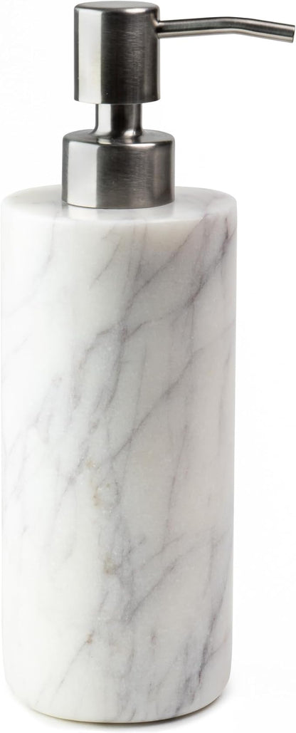 Cork & Mill Marble Soap Dispenser for Bathroom Countertop or Kitchen Sink, Real Natural White Stone with Stainless Steel Pump Top, Ideal for Lotion, Liquid Dish or Hand Soap, Modern Bath Accessories