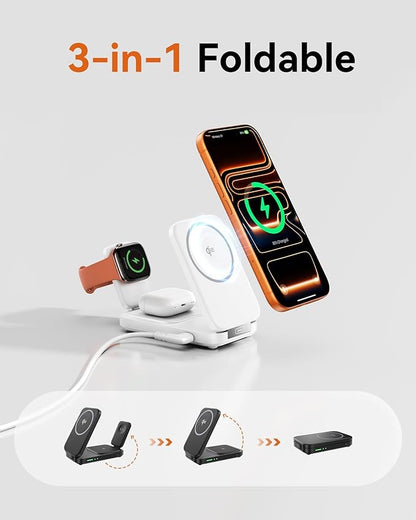 INIU Foldable Magnetic Wireless Charger, Qi2 Certified 3-in-1 Travel Charging Station with 15W Fast Charge - Compatible with Mag-Safe for iPhone 17/16/15 Series, Apple Watch, AirPods (White)