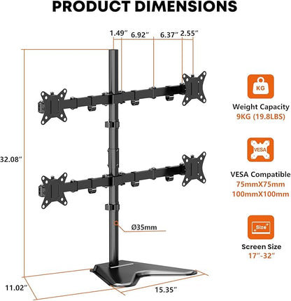PUTORSEN Quad Monitor Stand, 4 Monitor Mount for 13 to 32 inch Screens, Holds up to 19.8lbs Each, Fully Adjustable, Black