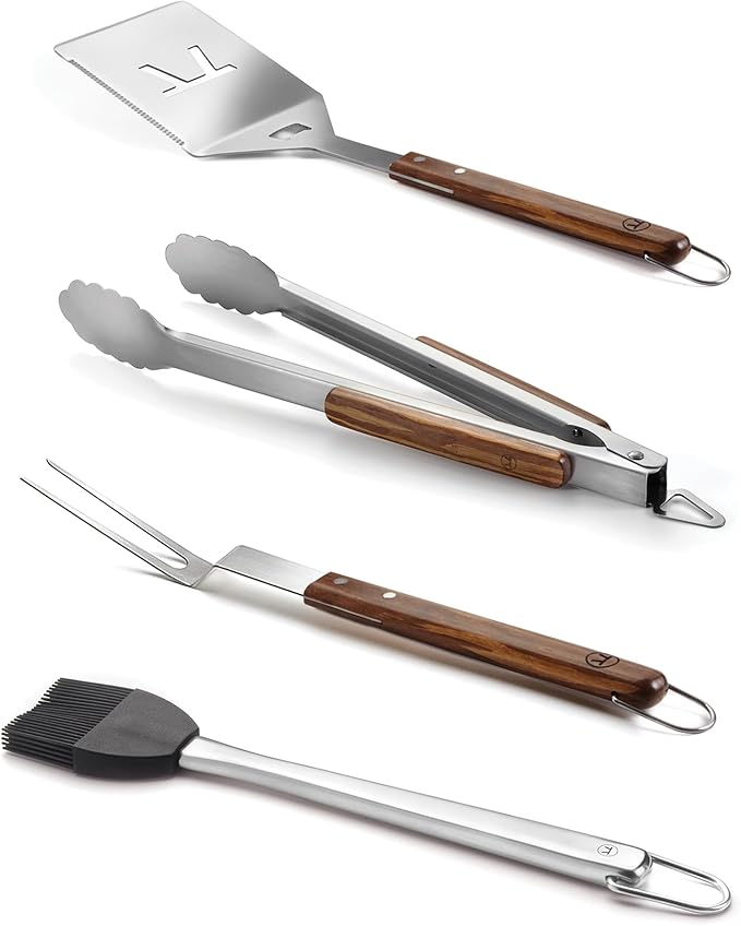 Outset Stainless Steel Grill Tool Set, Verde Collection, Large Spatula, Tongs, Grill Fork, and Sauce Brush