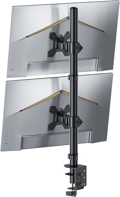 Dual Monitor Stand for 13-27'' Monitors, Vertical Stack Screen Free-Standing Monitor Riser with Swivel, Tilt, Height Adjustable, Holds One (1) Screen Up to 35Lbs, 75x75/100x100 VESA, C-Clamp