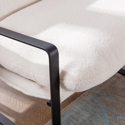 Mid-Century Accent Chair, Comfy Sherpa Fabric Side Chair with Armrest, Upholstered Leisure Chair with Black Metal Frame for Living Room Bedroom Reception Room, White