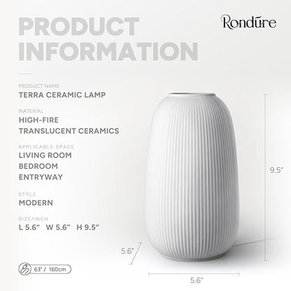 RONDURE 9.5" Modern Ceramic Table Lamp, Modern Bedside Lamps for Bedroom, Living Room and Nightstand, White Translucent Ceramic Shade, Warm Ambient Lighting, Home Decor