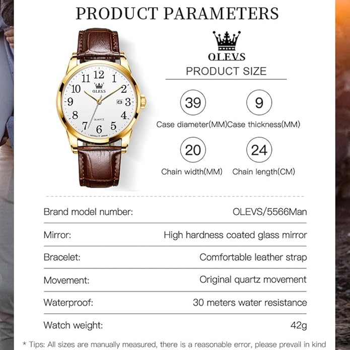 OLEVS Mens Watches Vintage Leather Band Dress Classic Easy Reader Arabic Numerals Analog Quartz Waterproof Date and Day Blue/Black/White Large Face Men's Wrist Watches