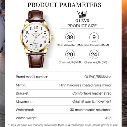 OLEVS Mens Watches Vintage Leather Band Dress Classic Easy Reader Arabic Numerals Analog Quartz Waterproof Date and Day Blue/Black/White Large Face Men's Wrist Watches