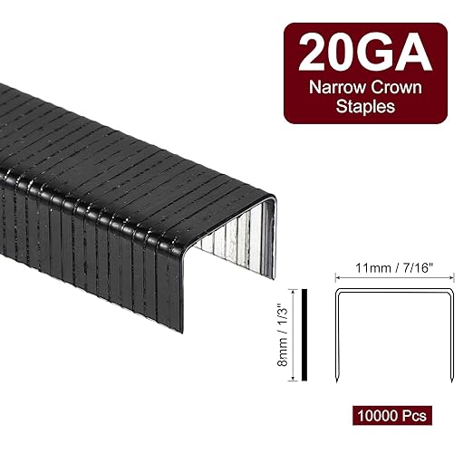 uxcell 20 Gauge Narrow Crown Staples 7/16" x1/3", 10000Pcs Galvanized Steel for Pneumatic, Electric Stapler, Black