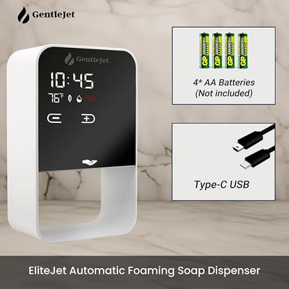 EliteJet Automatic Foaming Soap Dispenser Touchless - Wall Mount & Countertop, Aluminum Alloy Body, Automatic Soap Dispenser Touchless with Dual Power (USB/Battery), LED Display