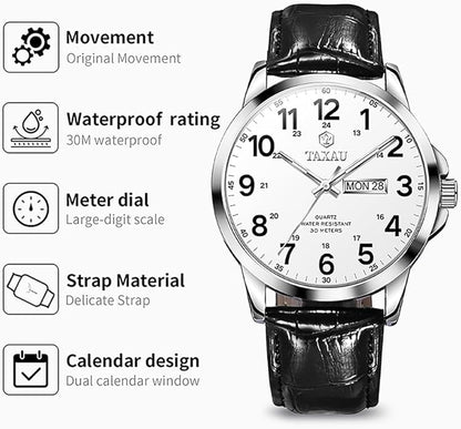 Watches for Men Leather Large Arabic Numerals Mens Watches Waterproof Band with Date Quartz Men's Wrist Watch