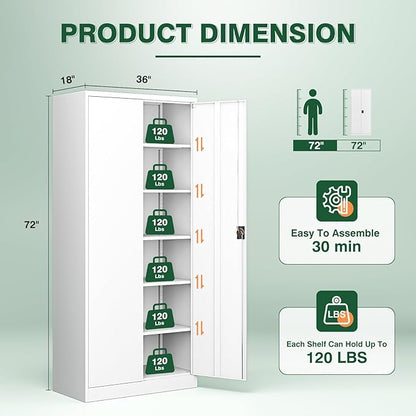 Letaya Metal Garage Storage Cabinets with Lock Door and Adjustable Shelves, Steel Tool Cabinets for Home,Office,Warehouse Organisieren (White, 72" H)