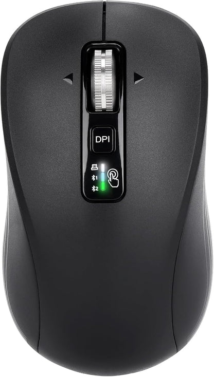 Wireless Mouse with 2 Bluetooth and 1 USB, 4-Way Scrolling, Full Size Mouse, Silent, Long Battery Life, Adjustable Cursor Speed, for Computer, Laptop, Tablets, iPad, Desktop, MacBook (No Side buttons)