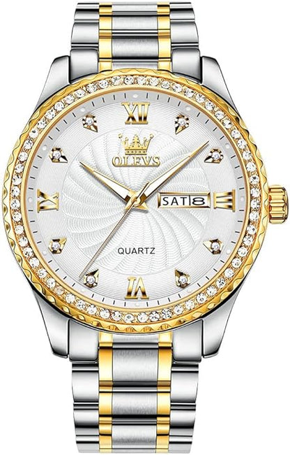 Men's Casual Stainless Steel Watch, Big Face Easy to Read Analog Quartz Watch with Day and Date, Classic Waterproof Diamond Roman Arabic Numerals Dial Dress Watch for Men, Gold Silver Black Band