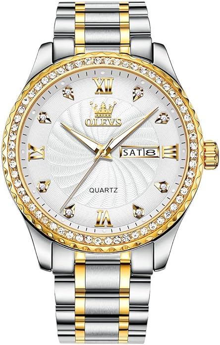 Men's Casual Stainless Steel Watch, Big Face Easy to Read Analog Quartz Watch with Day and Date, Classic Waterproof Diamond Roman Arabic Numerals Dial Dress Watch for Men, Gold Silver Black Band