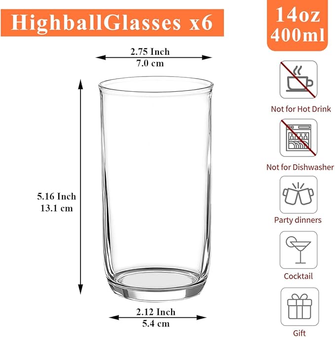 HOMQUEN 14oz Highball Glasses, 6pcs Drinking Glasses, PET Clear Plastic Water Glasses, Beer Glasses, Iced Coffee Glasses, Ideal for Cocktail, Whiskey, Soda, Tea, Water, Gift