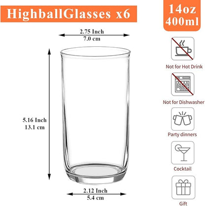 HOMQUEN 14oz Highball Glasses, 6pcs Drinking Glasses, PET Clear Plastic Water Glasses, Beer Glasses, Iced Coffee Glasses, Ideal for Cocktail, Whiskey, Soda, Tea, Water, Gift