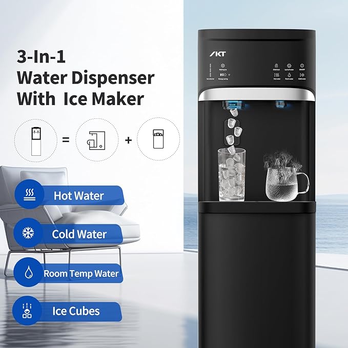 IKT Self-Cleaning Hot and Cold Water Dispenser with Ice Maker Bottom Load for 5 Gallon Bottle 22lbs Daily Capacity Empty Bottle Alert Black