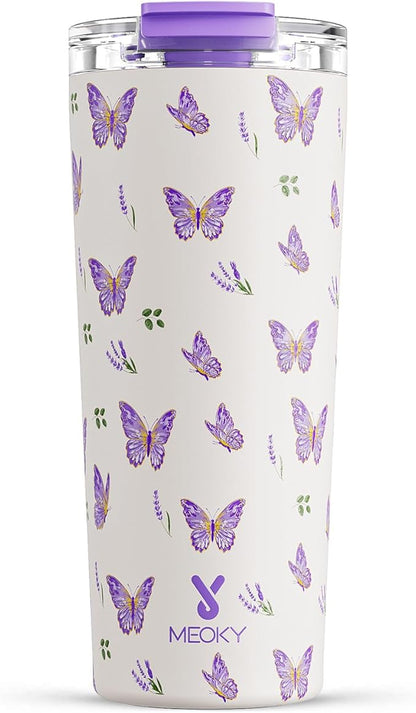 Meoky 24 oz Travel Coffee Mug with Leak-proof Lid, Stainless Steel Insulated Coffee Tumbler, Keeps Hot for 8 Hours or Cold for 24 Hours, Fits in Car Cup Holder (Butterfly)
