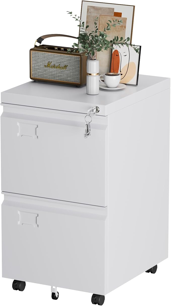 SUXXAN 2 Drawers Mobile File Cabinet, Metal Under Desk Cabinet with Lock, for Office & Home, Legal/Letter Size, W14.57”x D17.36”x H25.79”, Assembly Required(White)