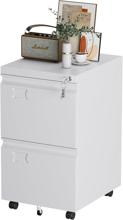 SUXXAN 2 Drawers Mobile File Cabinet, Metal Under Desk Cabinet with Lock, for Office & Home, Legal/Letter Size, W14.57”x D17.36”x H25.79”, Assembly Required(White)